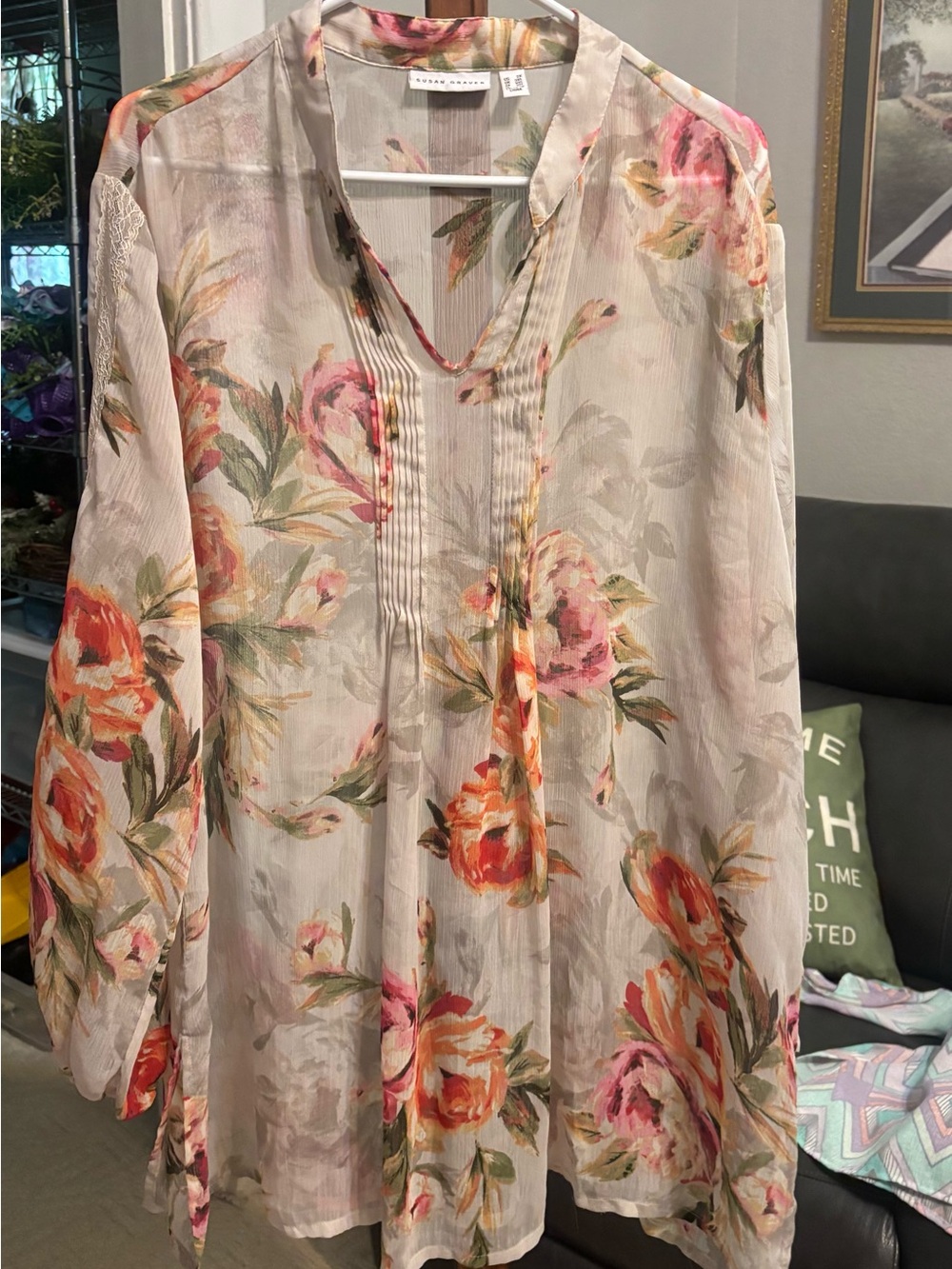 Susan Graver Cream Tunic with Pink & Orange Floral